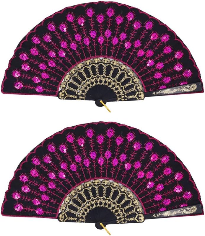 Photo 1 of 2 Pieces of Sequin Fabric Folding Fans Embroidered Flower Lace Trim Peacock Fan Fabric Plastic Folding Handheld Fan for Women Hand Craft (Royal Blue, Rose Red)