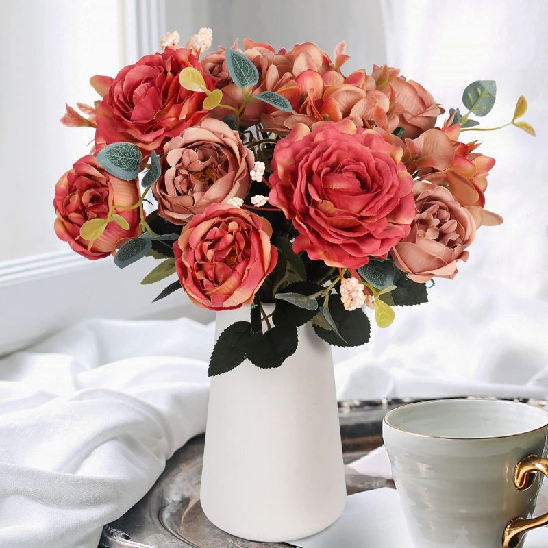Photo 1 of RECUTMS 3 Pcs Artificial Peony Flowers with Vase Fake Flower Bouquet Floral Arrangements Silk Bulk Flowers for Home Indoor Coffee Centerpiece Table Wedding Valentines (Brown