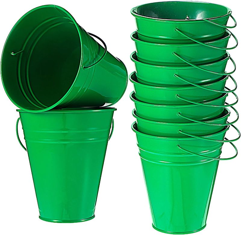 Photo 1 of 12 Pack Halloween Galvanized Buckets, Metal Bucket with Handle, 5 Inch, Tin, Mini Round Flower Pot Plant Basket, Kids Party Supplies for Christmas Halloween Candy Bars Vase Crafts Favors(Green)
