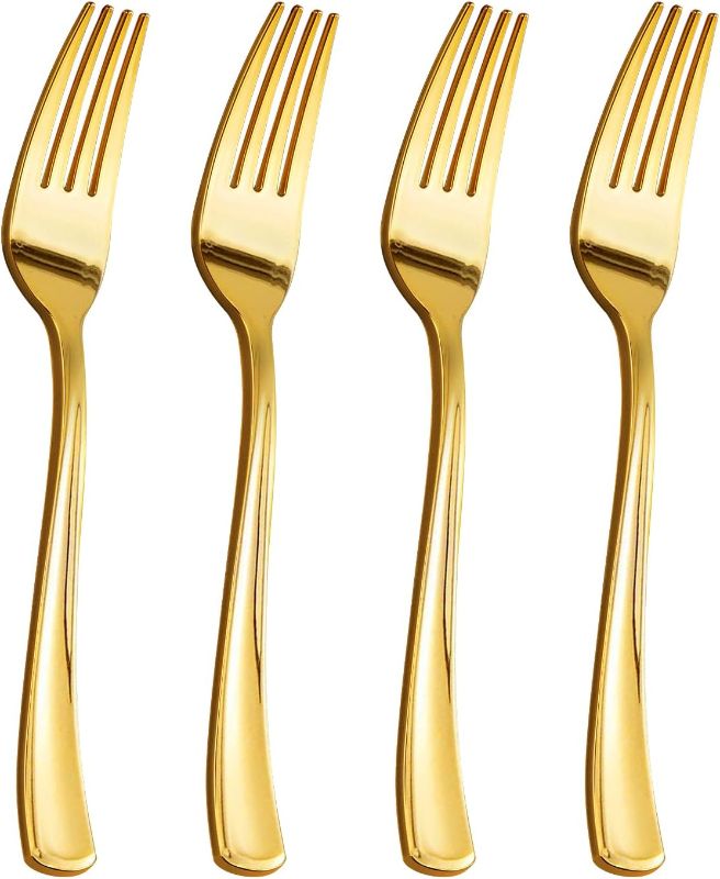 Photo 1 of Goodluck 150 Pack Gold Plastic Forks, Heavy Duty Gold Forks Disposable, Gold Plastic Cutlery Perfect for Weddings, Parties, Dinners