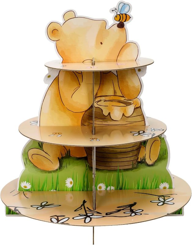 Photo 1 of Z1juce Winnie Dessert Holder 3 Tier Winnie Party Dessert Holder Winnie Theme Cardboard Cake Stand for Birthday Party Decorations Winnie Cupcake Display for Boys Girls Birthday Party Supplies