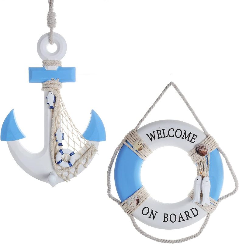 Photo 1 of 2 Pack 13" Nautical Beach Wooden Ship Wheel and 13" Wooden Anchor with Rope Nautical Boat Steering Wheel Rudder Anchor Wall Art Decor Door Hanging Ornament Beach Theme Home Decoration (light blue)
