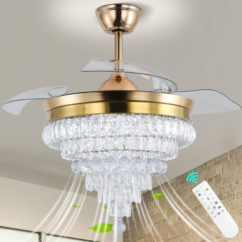 Photo 1 of CLAIRDAI Modern Crystal Chandelier Ceiling Fan with Lights Dimmable Fandeliers 42'' Retractable LED Invisible Fandelier Crystal Chandelier Fan for Bedroom Dining Room Living Room (Gold)
