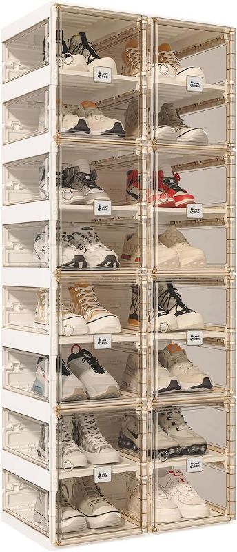 Photo 1 of Foldable Shoe Rack,Shoe Organizers for Closet Plastic Shoe Storage Box for Entryway,Living Room,Large Sturdy Stackable Sneaker Cabinet Bins with Magnetic Clear Door 8 Tiers 16 Pairs
