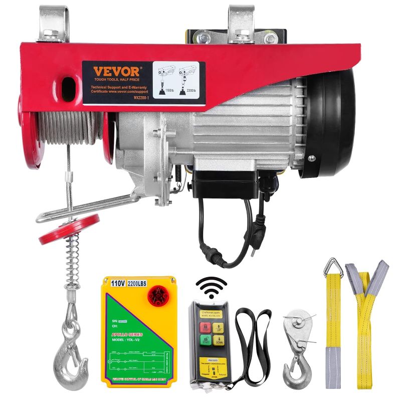 Photo 1 of VEVOR Electric Hoist, 2200 lbs Lifting Capacity, 1600W 110V Electric Steel Wire Winch with Wireless Remote Control, 40ft Single Cable Lifting Height & Pure Copper Motor, for Garage Warehouse Factory
