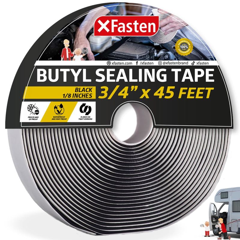 Photo 1 of XFasten Butyl Tape RV Black, 3/4 in x 45 Ft, 1/8 in Thick EDPM Butyl Rubber Sealant Tape - Roof Patching, Boat Sealing, Leak Proof Butyl Putty Tape
