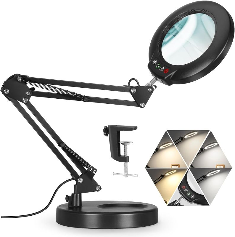 Photo 1 of 10X Magnifying Glass with Light and Stand, 2-in-1 Lighted Magnifier with Clamp, 5 Color Modes Stepless Dimmable LED Desk Lamp Hands Free for Crafts Jewelry Hobby Needlework Repair Close Work