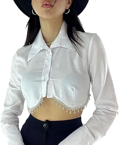 Photo 1 of Women Rhinestone Tassel Button Down Shirt Long Sleeve Lapel Cute Blouse Crop Top