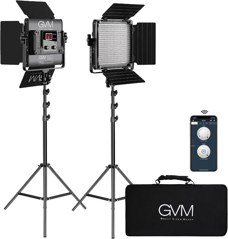Photo 1 of GVM 2 Pack LED Video Lighting Kits with APP Control, Bi-Color Variable 2300K~6800K with Digital Display Brightness of 10~100% for Video Photography, CRI97+ TLCI97 Led Video Light Panel +Barndoor
