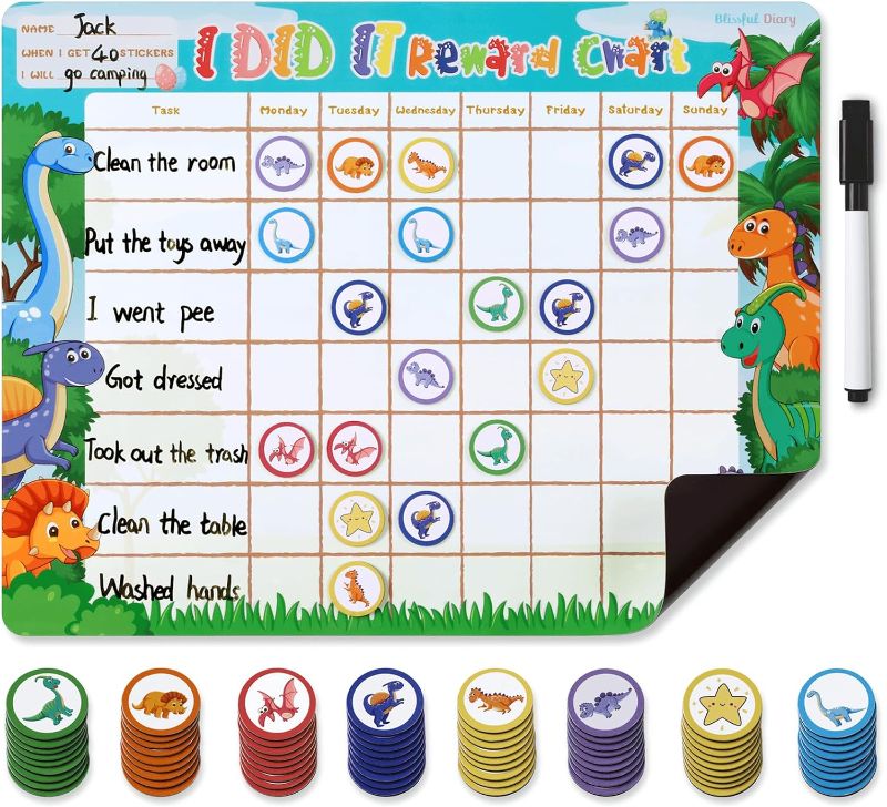 Photo 1 of Blissful Diary Chore Chart for Kids, Magnetic Behavior Chart for Kids at Home w 72 Magnetic Stickers, Cute Dinosaur Theme Reward Chart for Toddlers, Dry Erase Responsibility Chart for Potty Training