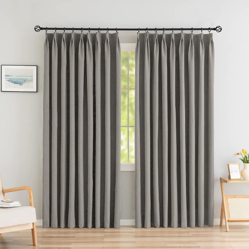 Photo 1 of Pleated Drape 54W x 84L Inches Faux Linen Full Blackout Thermal Insulated Sound Proof Pinch Pleat Curtain with Hooks Tieback for Bedroom Living Room, Stone, 1 Panel