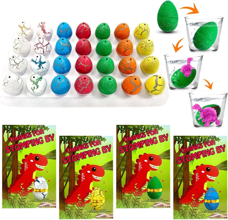 Photo 1 of LesunPan 28 Dinosaur Eggs Party Favor Toys Unique Dinosaur Image Cards Surprise Pack Goodie Bag Stuffers, Pinata Stuffers, Carnival Prizes Treasure Box Kids Birthday Party Gifts.