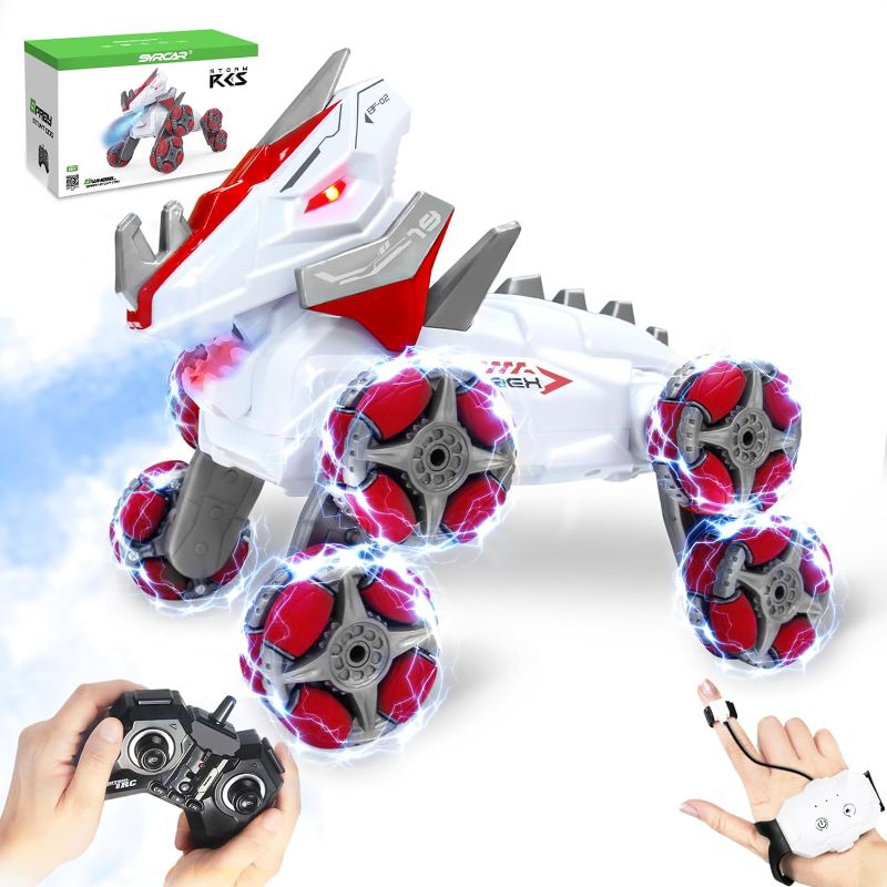 Photo 1 of Dinosaur Gesture Sensing RC Stunt Car with Spray Fog Steam, 8WD RC Drift Car Transformed Vehicle Wheel 360° Spins for Age 8-13,All Terrains Monster Truck for Boys Kids ?Red