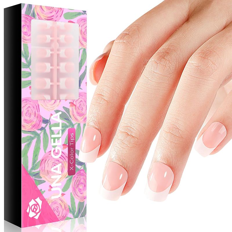 Photo 1 of UNA GELLA French Fake Nail Tips No Need File 288PCS Extra Short Square French Gel Nails Tips 3 IN 1 Pre-buff Press On Nails Pink Square French Nails for DIY Home Nail Art Salon 12 Sizes
