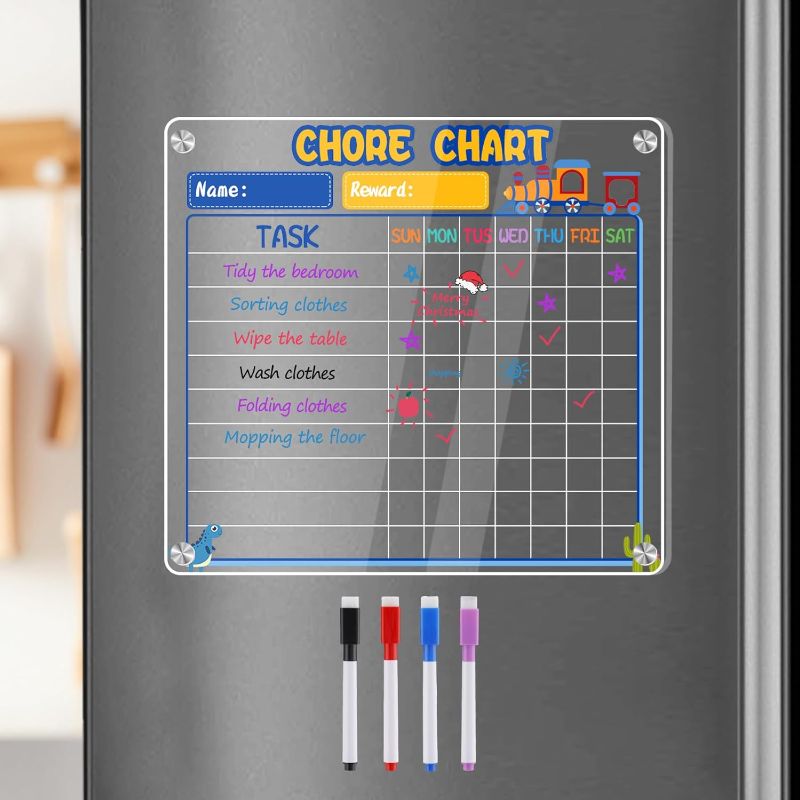Photo 1 of Magnetic Chore Chart for Kids, Blue Train Dinosaurs Design Fridge Acrylic Dry Erase Chart for Boys Ages 6-8, Reusable Routine Behavior Responsibility Planner for Home School Refrigerator
