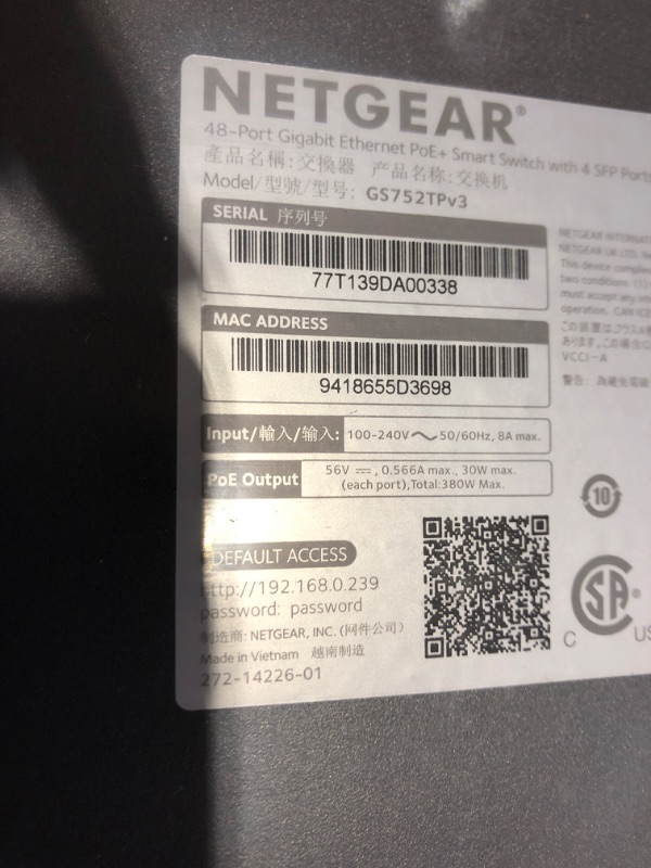 Photo 8 of NETGEAR 52-Port PoE Gigabit Ethernet Smart Switch (GS752TP) - Managed, Optional Insight Cloud Management, 48 x PoE+ @ 380W, 4 x 1G SFP