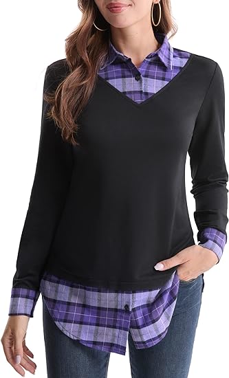 Photo 1 of DJT Women's Contrast Plaid Collar 2 in 1 Blouse Tunic Tops