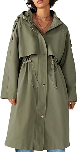 Photo 1 of Danedvi Women Oversized Long Trench Coat Lightweight Hooded Button Windbreaker Overcoat with Pockets