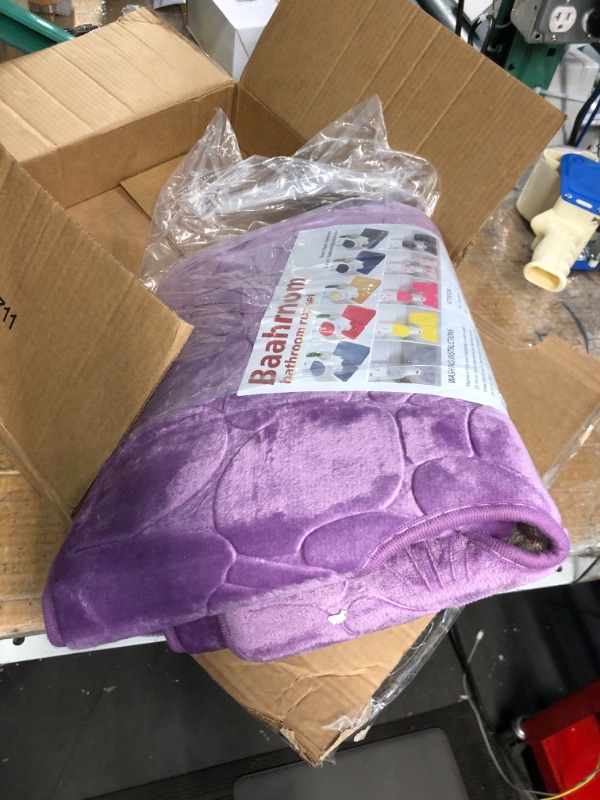 Photo 1 of Purple Memory Foam Bathroom Rugs Sets 3 Piece with Rubber Backed Non Slip Washable Bath Mat Set Include Toilet Rugs U Shaped and 2 Bathroom Floor Mat Purple Shell