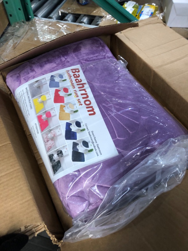 Photo 1 of Purple Memory Foam Bathroom Rugs Sets 3 Piece with Rubber Backed Non Slip Washable Bath Mat Set Include Toilet Rugs U Shaped and 2 Bathroom Floor Mat Purple Shell