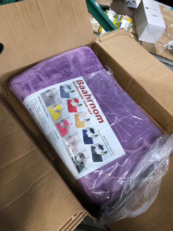 Photo 1 of Purple Memory Foam Bathroom Rugs Sets 3 Piece with Rubber Backed Non Slip Washable Bath Mat Set Include Toilet Rugs U Shaped and 2 Bathroom Floor Mat Purple Shell