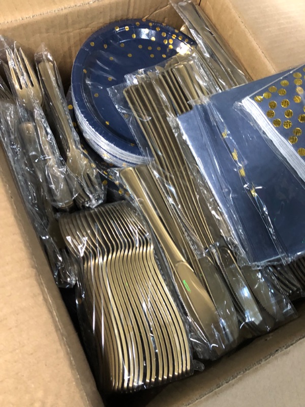 Photo 2 of 200 Pcs Disposable Tableware Set for 25 Guests Dark Blue and Gold Dot Disposable Paper Birthday Plates Dinnerware Includes Dinner Plates Dessert Plates Forks Knives Spoons Cups Napkins Straws