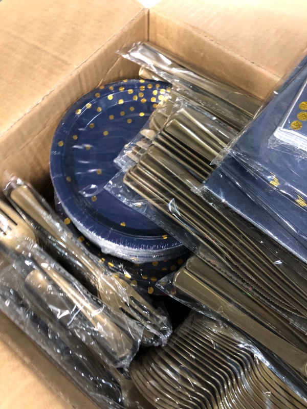 Photo 5 of 200 Pcs Disposable Tableware Set for 25 Guests Dark Blue and Gold Dot Disposable Paper Birthday Plates Dinnerware Includes Dinner Plates Dessert Plates Forks Knives Spoons Cups Napkins Straws