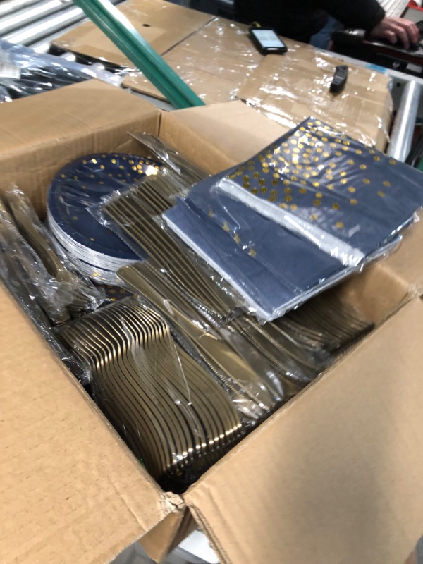 Photo 3 of 200 Pcs Disposable Tableware Set for 25 Guests Dark Blue and Gold Dot Disposable Paper Birthday Plates Dinnerware Includes Dinner Plates Dessert Plates Forks Knives Spoons Cups Napkins Straws