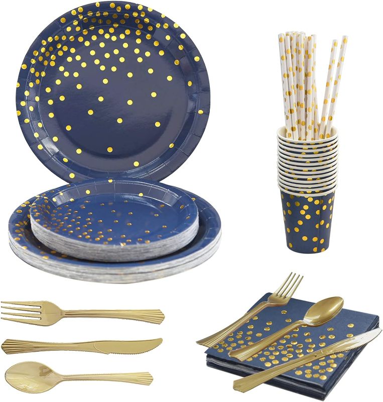 Photo 1 of 200 Pcs Disposable Tableware Set for 25 Guests Dark Blue and Gold Dot Disposable Paper Birthday Plates Dinnerware Includes Dinner Plates Dessert Plates Forks Knives Spoons Cups Napkins Straws