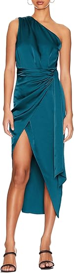 Photo 1 of BerryGo Women's 2023 Satin One Shoulder Ruched Formal Midi Dress Sleeveless Bodycon Knot Belted Wrap Cocktail Dress with Slit
