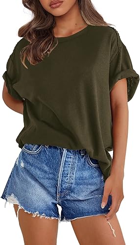 Photo 1 of JUNING Women's T Shirts Oversized Short Sleeve Round Neck Casual Soft Tops Basic Tee Shirt (Green, XL)