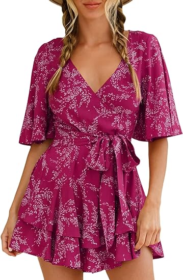 Photo 1 of Eapafrsow Womens Rompers Floral Print Wrap V Neck Ruffle Hem Jumpsuit Short Sleeve Waist Tie Short Romper Summer Beach (small)