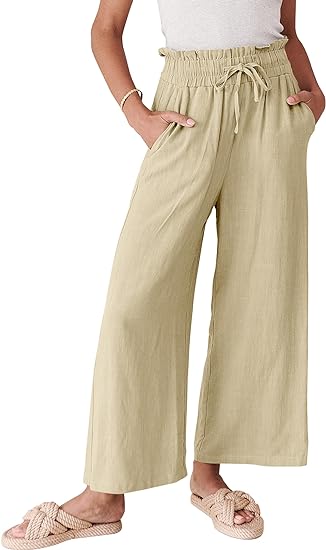 Photo 1 of Caracilia Womens Summer Linen Pants Loose Beach Drawstring Capri Wide Leg Casual High Waist Palazzo Lounge Trousers (XS)