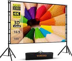 Photo 1 of Projector Screen and Stand,Towond 100 inch Indoor Outdoor Projection Screen, Portable 16:9 4K HD Rear Front Movie Screen Pull Down with Carry Bag Wrinkle-Free Design for Home Theater Backyard Cinema 100'' with stand