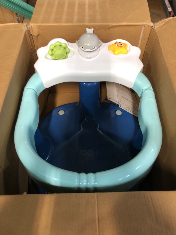 Photo 2 of Baby Bath Seat [Original] - Ergonomic Backrest – Side Opening Design – 2 Rotating Toys + 1 Pressing Toy – 4 Strong Anti-Slip Suction Cups – Ideal Gift for Baby 6-36 Months! (Blue)