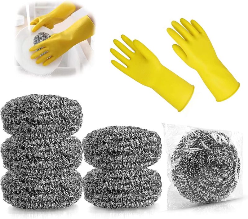 Photo 1 of *non refundable bundle*
6 Pack Professional Stainless Steel Scrubbers by Maznyu, with a Pair of Premium Reusable Household Gloves in Addition, Scrubbing Scouring Pad, Steel Wool Scrubber for Kitchens, Bathroom and More (2 pack bundle)