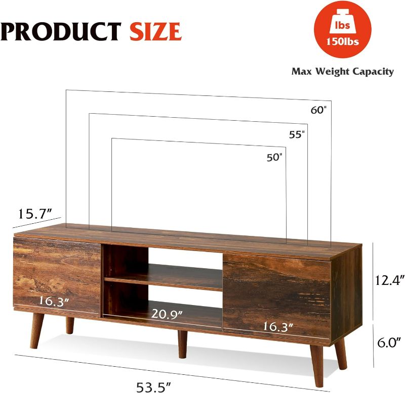 Photo 6 of (READ NOTES) WLIVE TV Stand for 55 60 inch TV, Mid Century Modern TV Console, Entertainment Center with Storage for Living Room, Retro Brown
