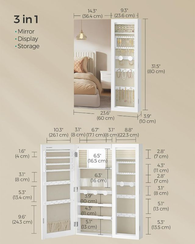 Photo 4 of (READ NOTES) SONGMICS LED Jewelry Cabinet, Mirror with Jewelry Storage, Glass Window, Wall/Door-Mounted, 3.9 x 23.6 x 31.5 Inches, Interior Mirror, 3-in-1, Bedroom, Dressing Room, Gift, White and Greige UJJC028W01
