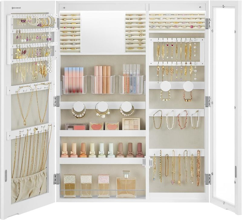 Photo 1 of (READ NOTES) SONGMICS LED Jewelry Cabinet, Mirror with Jewelry Storage, Glass Window, Wall/Door-Mounted, 3.9 x 23.6 x 31.5 Inches, Interior Mirror, 3-in-1, Bedroom, Dressing Room, Gift, White and Greige UJJC028W01
