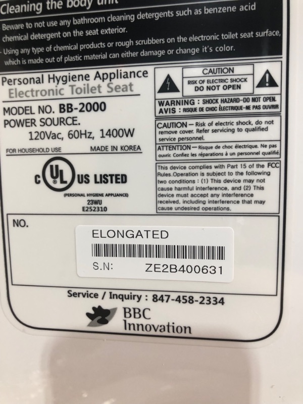 Photo 2 of [FOR PARTS, READ NOTES]
Bio Bidet Bliss BB2000 Elongated White Smart Toilet Seat, Premier Class, Unlimited Warm Water, Vortex Wash, White NONREFUNDABLE