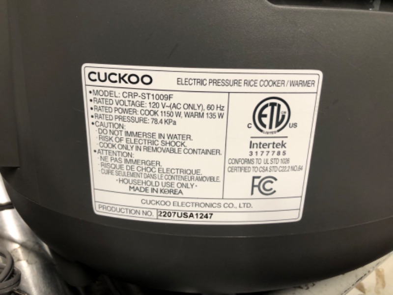 Photo 4 of ***USED - POWERS ON - UNABLE TO TEST FURTHER***
CUCKOO CRP-ST1009F | 10-Cup (Uncooked) Twin Pressure Rice Cooker & Warmer