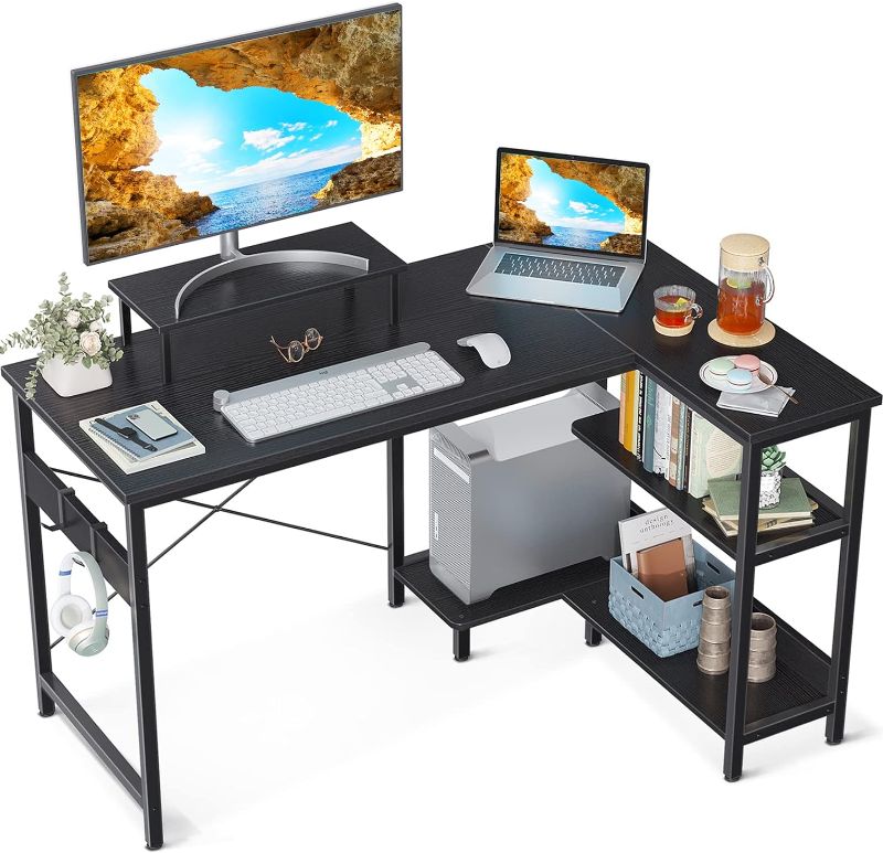 Photo 1 of ODK 40 Inch Small L Shaped Computer Desk with Reversible Storage Shelves, Modern Black, Ideal for Home Office, Gaming