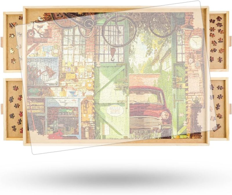 Photo 1 of 1500 Piece Wooden Jigsaw Puzzle Table - 4 Drawers and Cover, 34" X 26.1" Puzzle Board | 