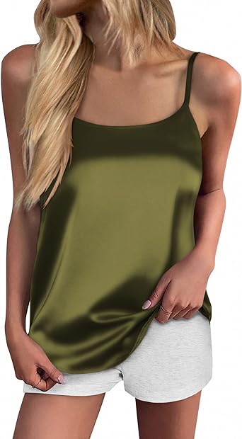 Photo 1 of Ekouaer Womens Silk Tank Top Camisole Spaghetti Strap Satin Cami Tops Basic Crew Neck Y Back Silky Camis XL