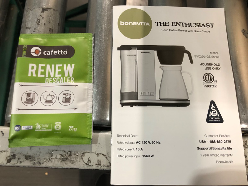 Photo 3 of ***USED - DIRTY - WET - UNABLE TO TEST - NO PACKAGING***
Bonavita Enthusiast 8-Cup Drip Coffee Maker, One-Touch Pour Over Brewer with Glass Carafe, SCA Certified, 1500 Watt, 