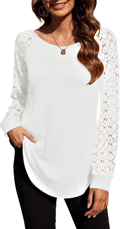 Photo 1 of  Women's Casual Lace Long Sleeve T-Shirt Side Split Tunic Tops for Leggings Loose Crewneck Knit  Size Medium