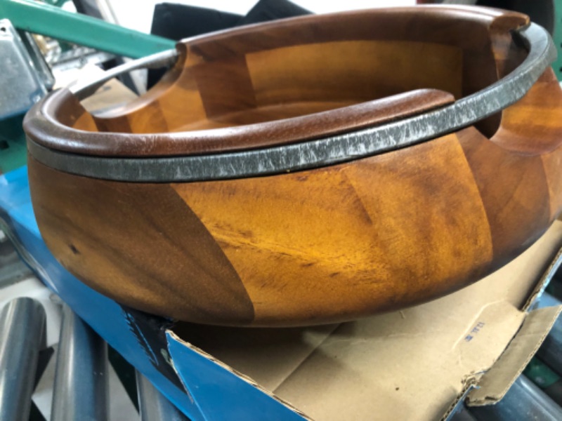 Photo 2 of nambe Anvil Salad Bowl with Servers | Large Wooden Serving Bowl for Fruit, Salads | Made of Acacia wood and Iron Finished Nambe Alloy | Designed by Neil Cohen