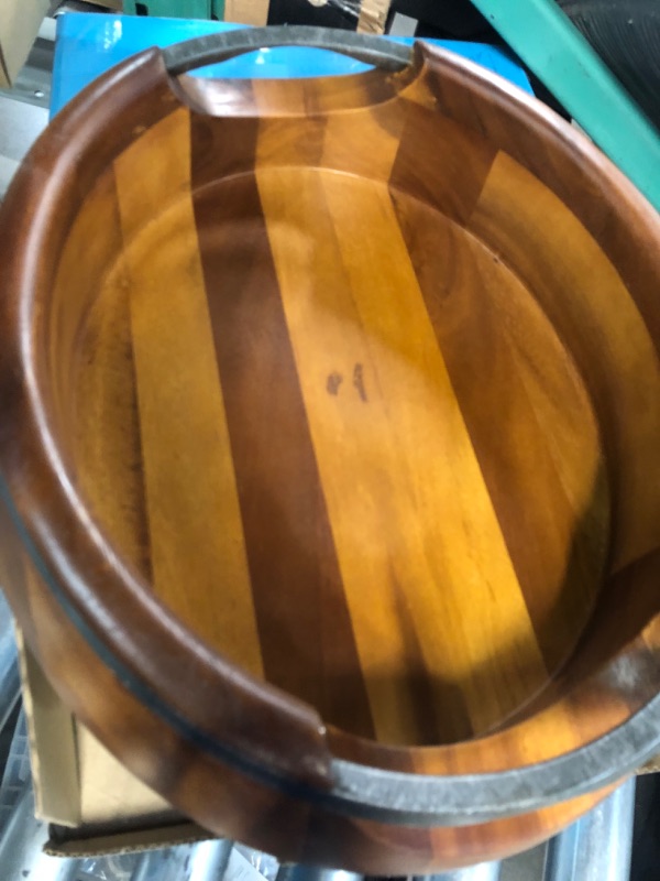 Photo 3 of nambe Anvil Salad Bowl with Servers | Large Wooden Serving Bowl for Fruit, Salads | Made of Acacia wood and Iron Finished Nambe Alloy | Designed by Neil Cohen