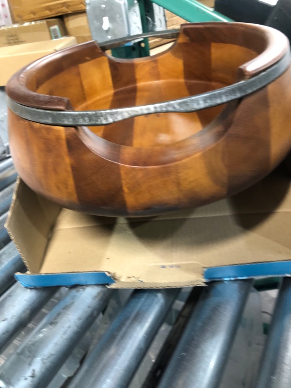 Photo 4 of nambe Anvil Salad Bowl with Servers | Large Wooden Serving Bowl for Fruit, Salads | Made of Acacia wood and Iron Finished Nambe Alloy | Designed by Neil Cohen