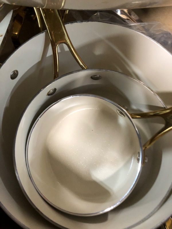 Photo 3 of [READ NOTES] **MINOR DAMAGE**
Martha Stewart Lockton Premium Nonstick PFA Free Ceramic Interior 6 Piece Heavy Gauge Enamel Aluminum Pots and Pans Cookware Set - Linen White w/Gold Handle 
